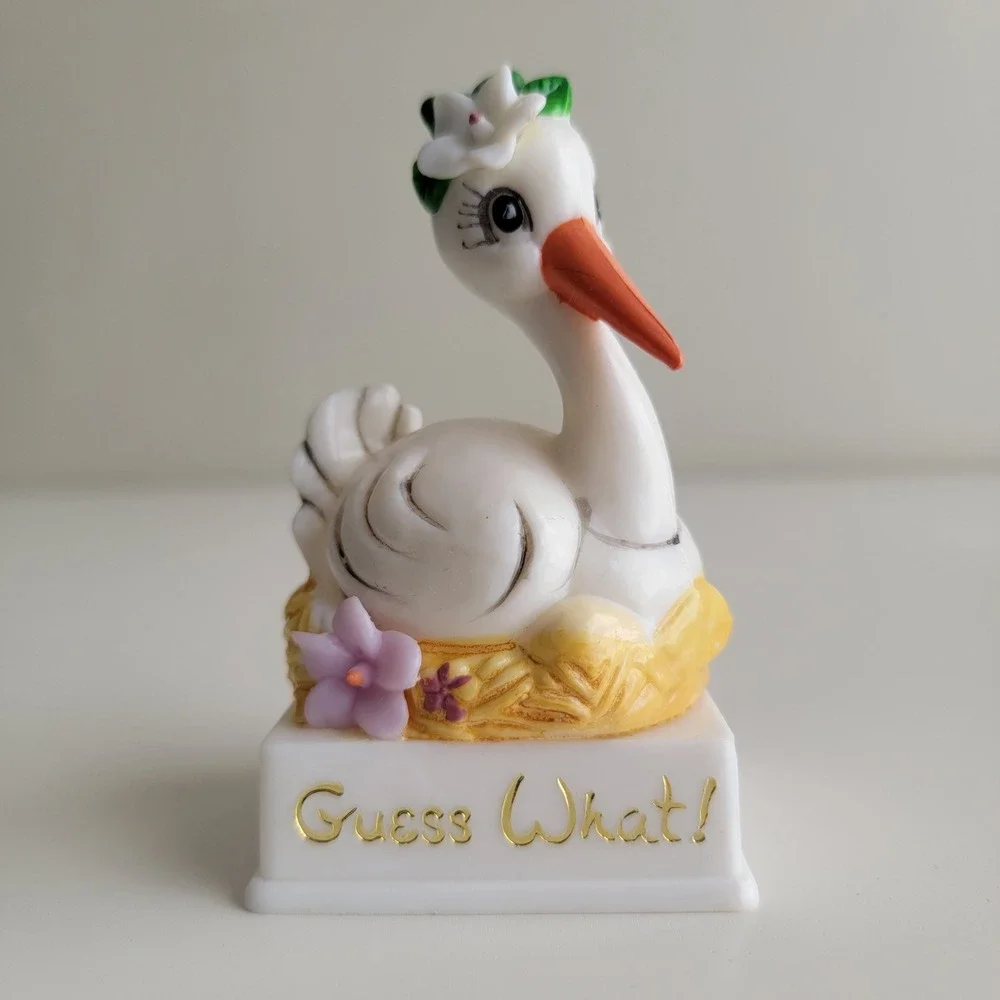 Vintage 1970s Wilton Stork Figurine Baby Shower Cake Topper White Guess What